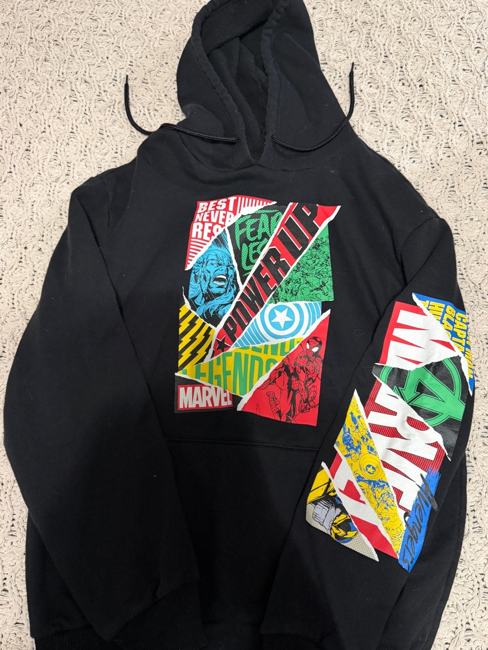 Marvel Black Crewneck Hoodie with Multicolor Comic Panels